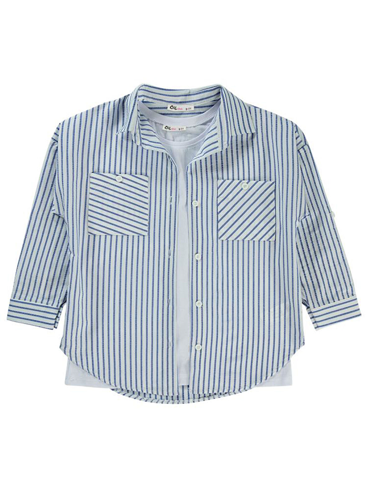 Civil Girls Çizgili 6-9 Yaş Gömlek - Mavi 7-8 Yaş