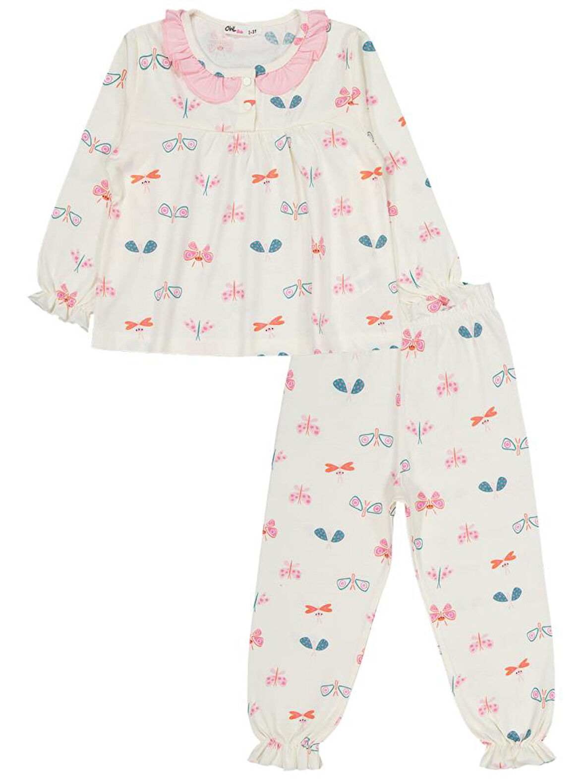 Civil Girls Renkli Kelebek 2-5 Yaş Pijama Takımı - Ekru 5-6 Yaş