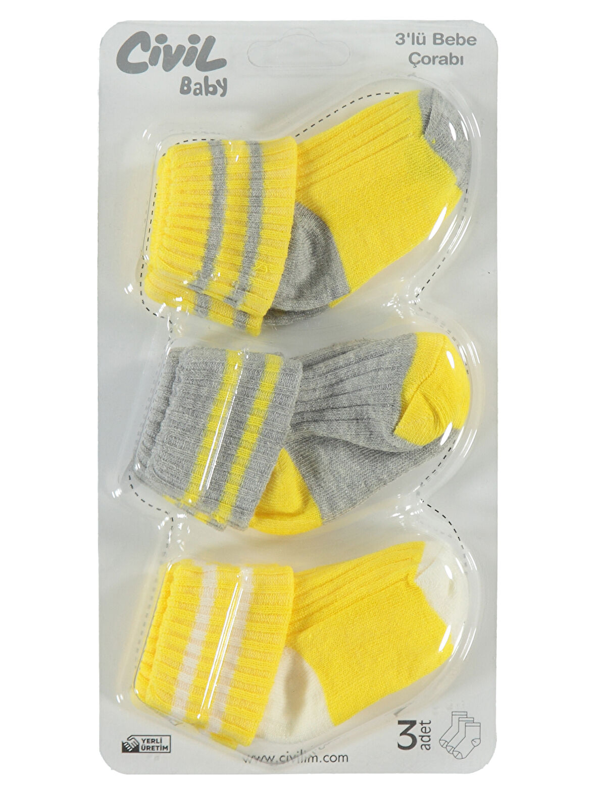 Civil Baby Bebek 3'lü Çorap Set 0-24 Ay Sarı