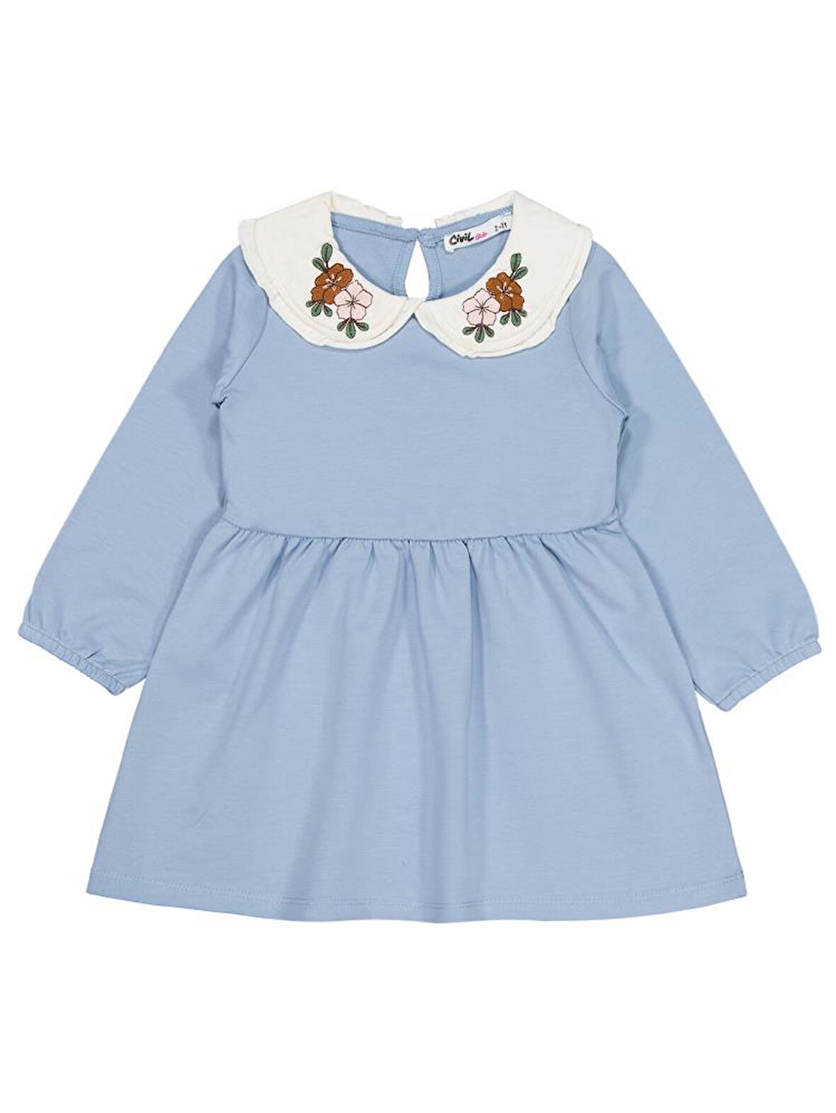 Civil Girls Yakası Nakışlı 2-5 Yaş Elbise - Mavi 4-5 Yaş
