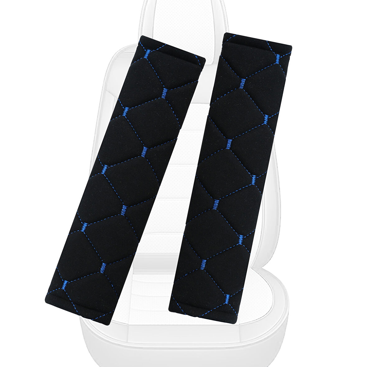 Mavi Baklava Desenli Yumuşak Siyah Kumaş Emniyet Kemer Kılıfı Çift Takım KMMD-01