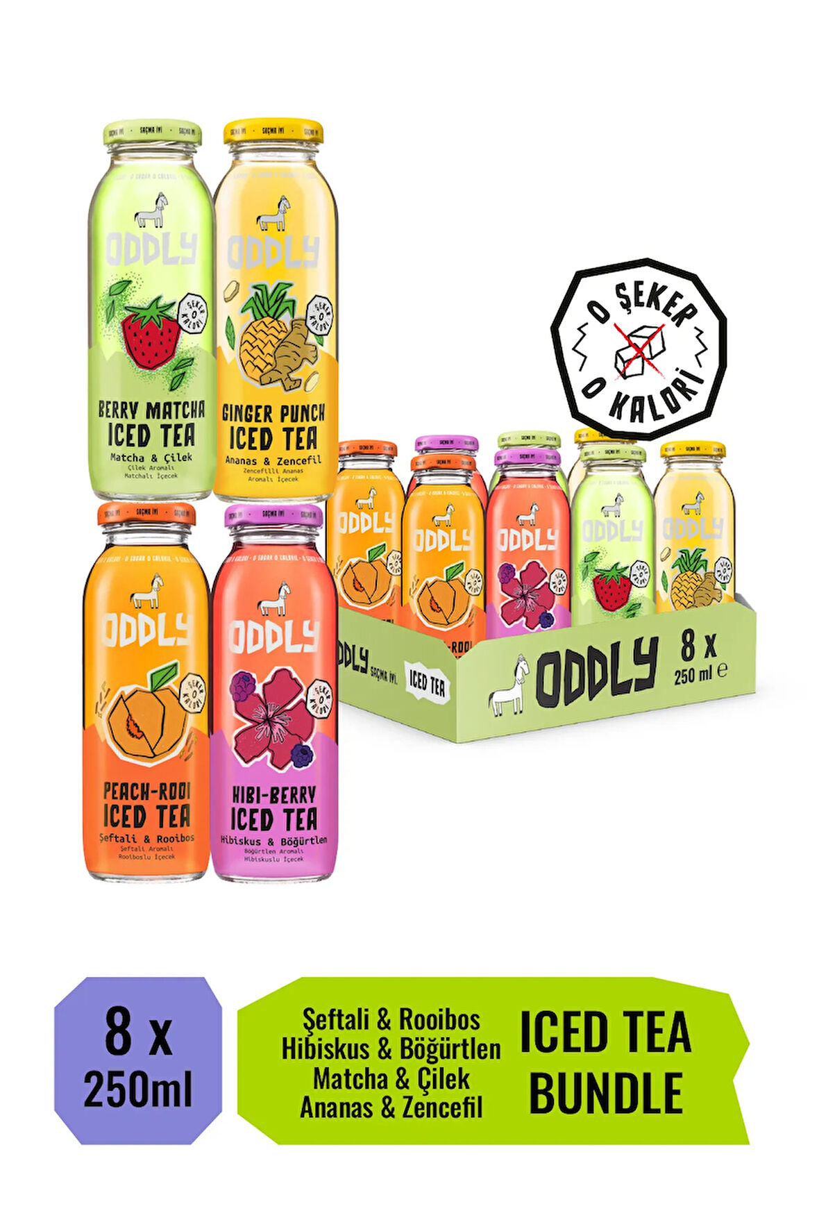 Saçma İyi Soğuk Çay Dörtlüsü! Peach-Rooi, Hibi-berry, Ginger-Punch, Berry- Matcha Cam 250 ml 8 Adet