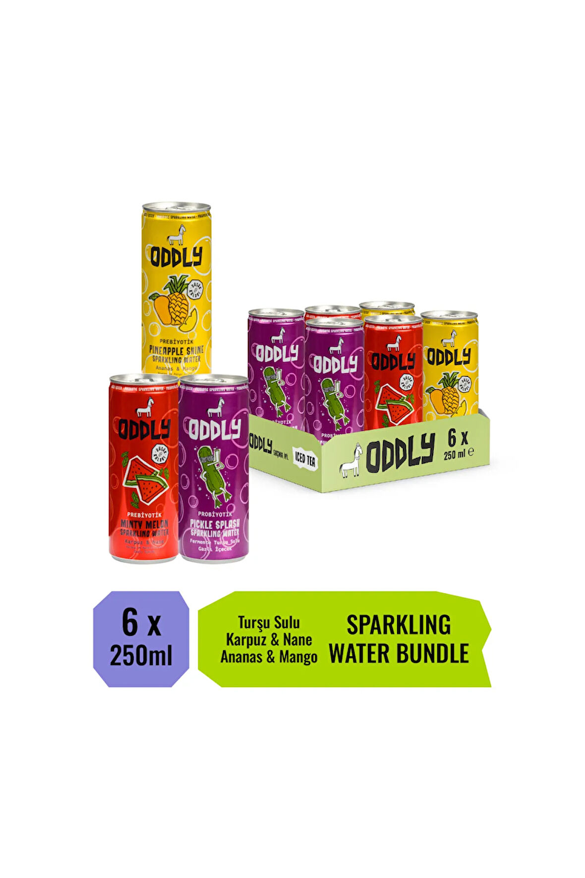 Bu üçlü çok güçlü! Gaza gelmiş Turşu Suyu, Karpuz-Nane, Ananas-Mango Gazlı İçecek Kutu 250 ml 6 Adet