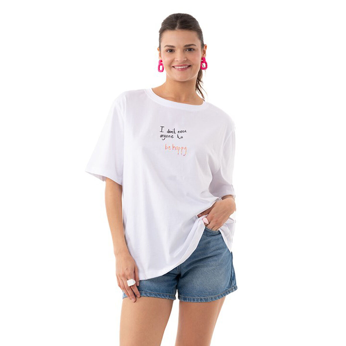Be Happy Overisize Beyaz T-Shirt