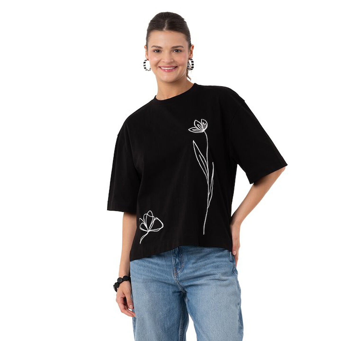 Two Flowers Crop Overisize Siyah T-Shirt