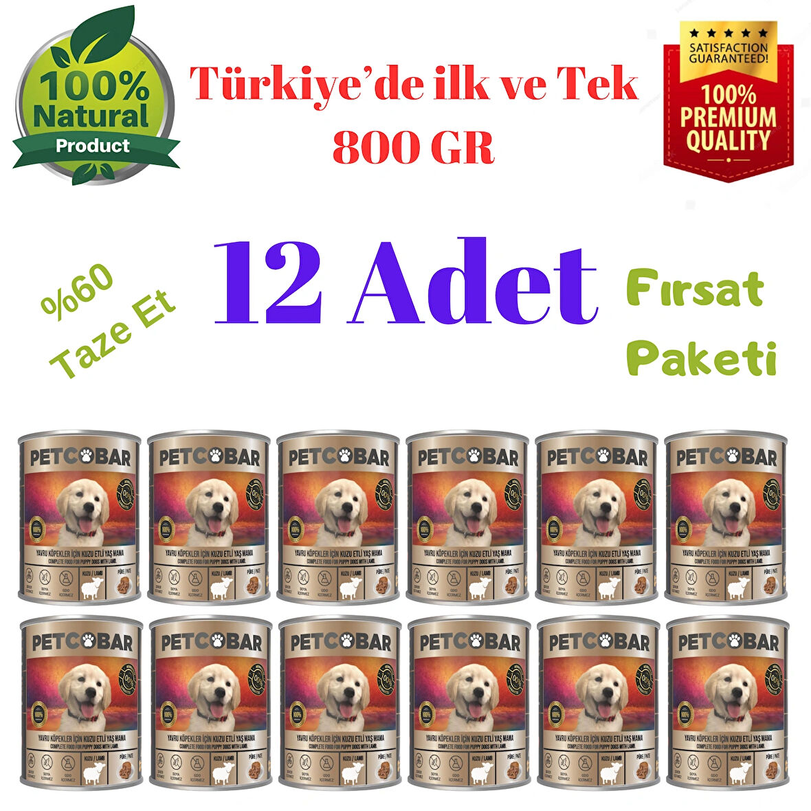 Petcobar Yavru Köpekler İçin Kuzu Etli Yaş Mama 12 x 800 Gr