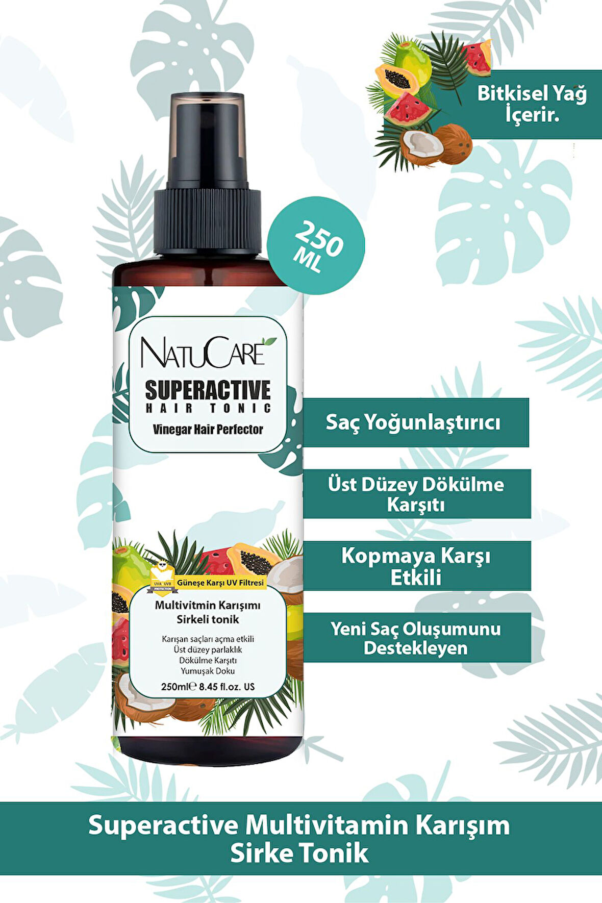 NatuCare Dökülme Karşıtı ve Güçlendirici Multivitamin Sirkeli Tonik 250ML