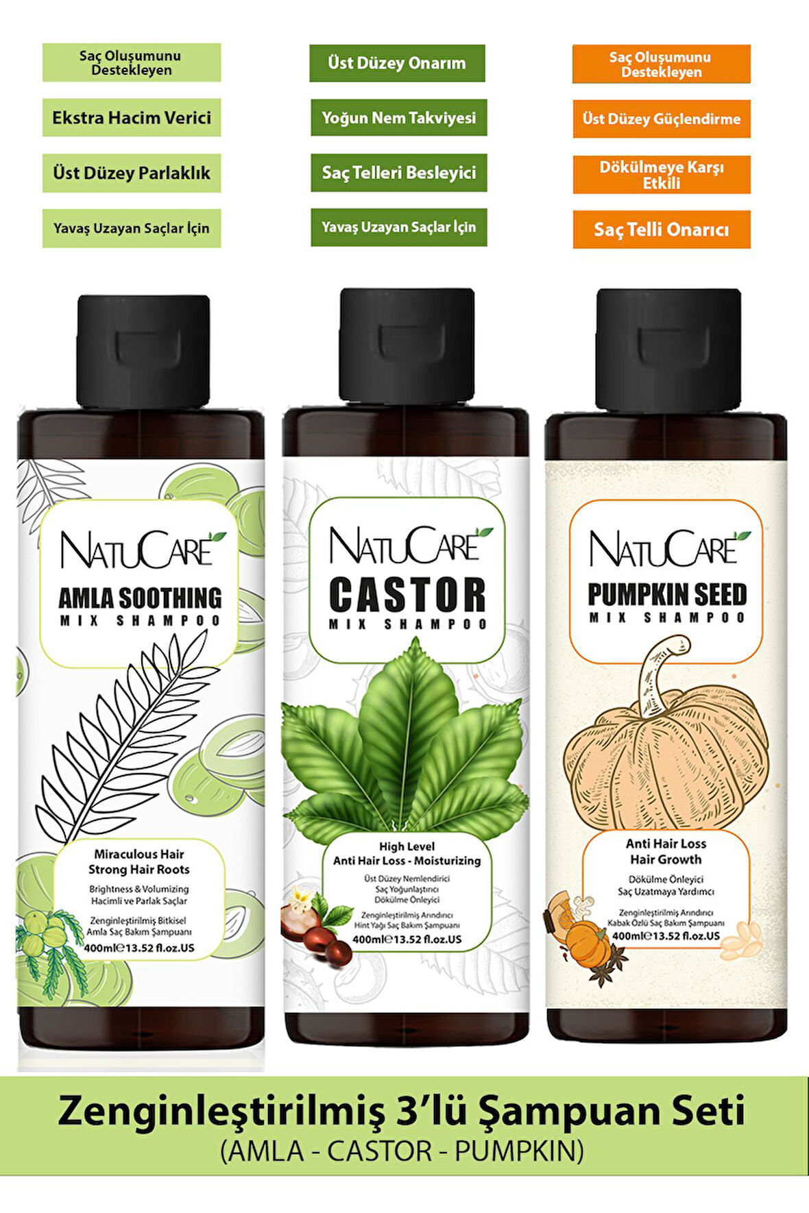 NatuCare Zenginleştirilmiş 3'lü Şampuan Seti 400ML (Amla - Castor - Pumpkin)
