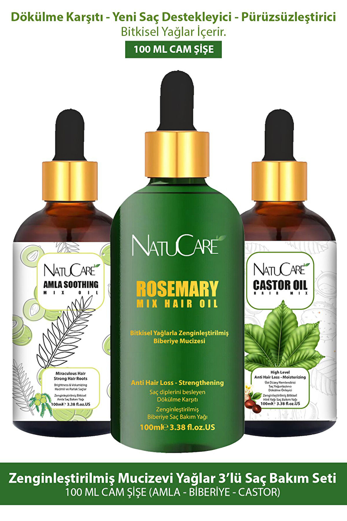 NatuCare Zenginleştirilmiş Mucizevi Yağlar 3'lü Saç Bakım Seti 100 ML (AMLA-BİBERİYE-CASTOR)