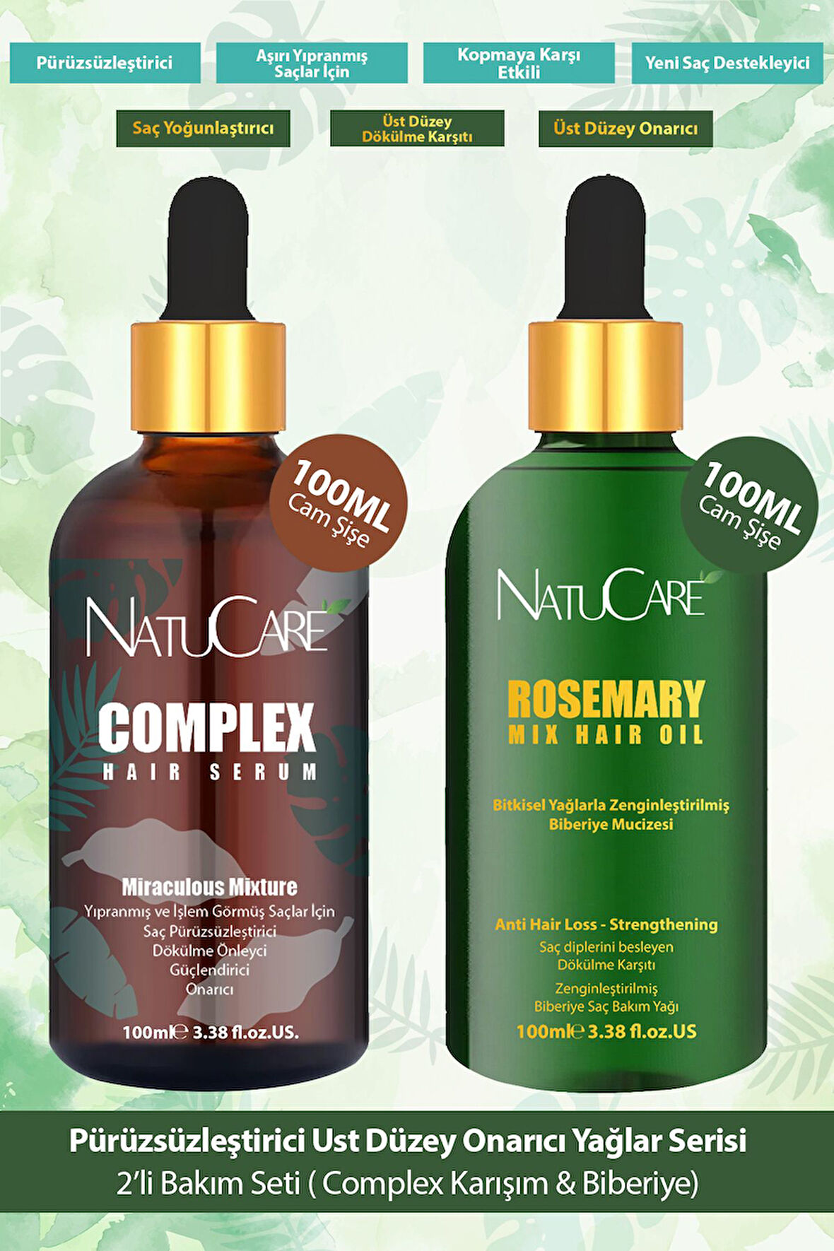 NatuCare Saç Pürüzsüzleştirici Mucizevi Yağlar 2'li Saç Bakım Seti 100ML (Complex Karışım & Biberiye Yağı)