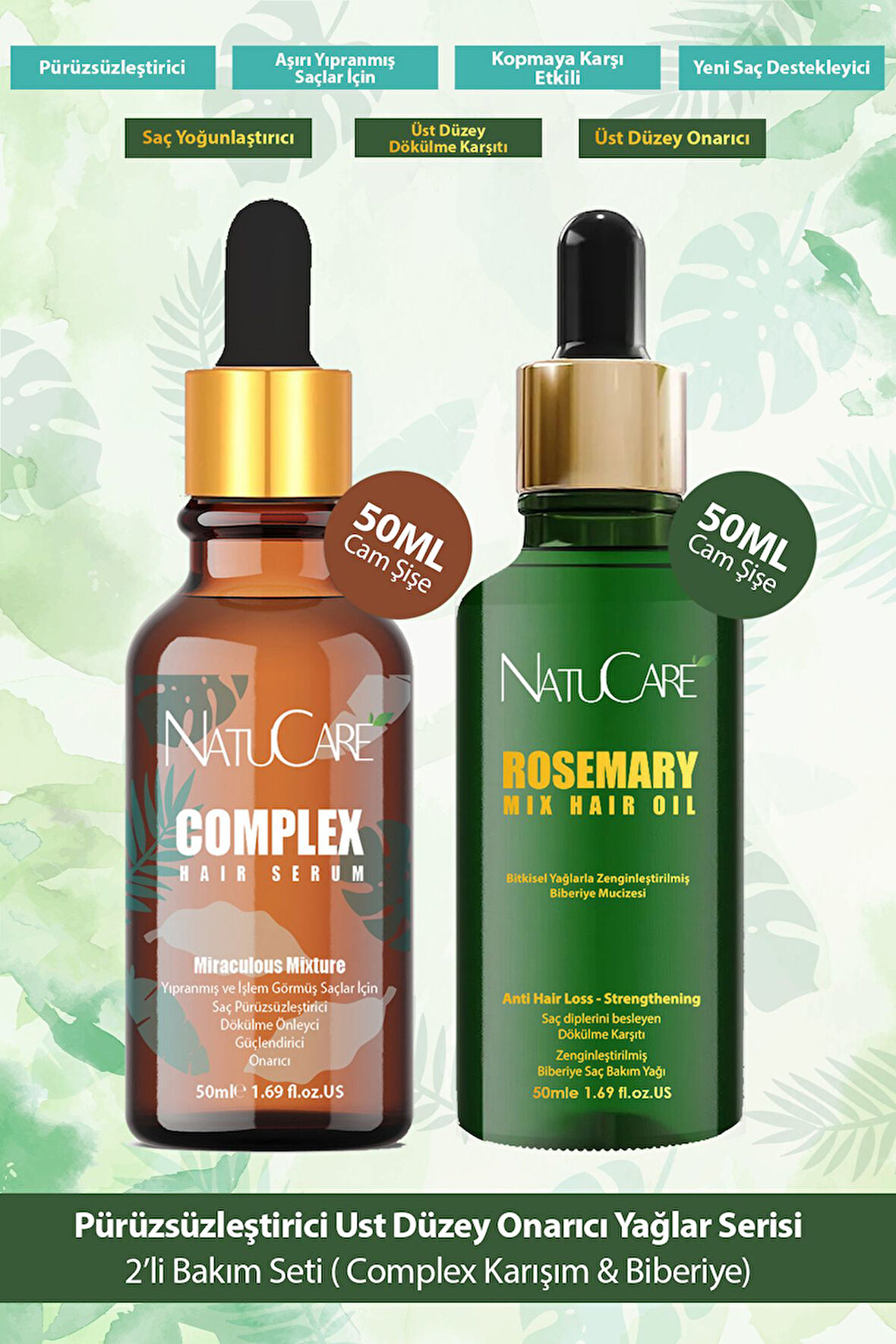 NatuCare Saç Pürüzsüzleştirici Mucizevi Yağlar 2'li Saç Bakım Seti 50ML (Complex Karışım & Biberiye Yağı)