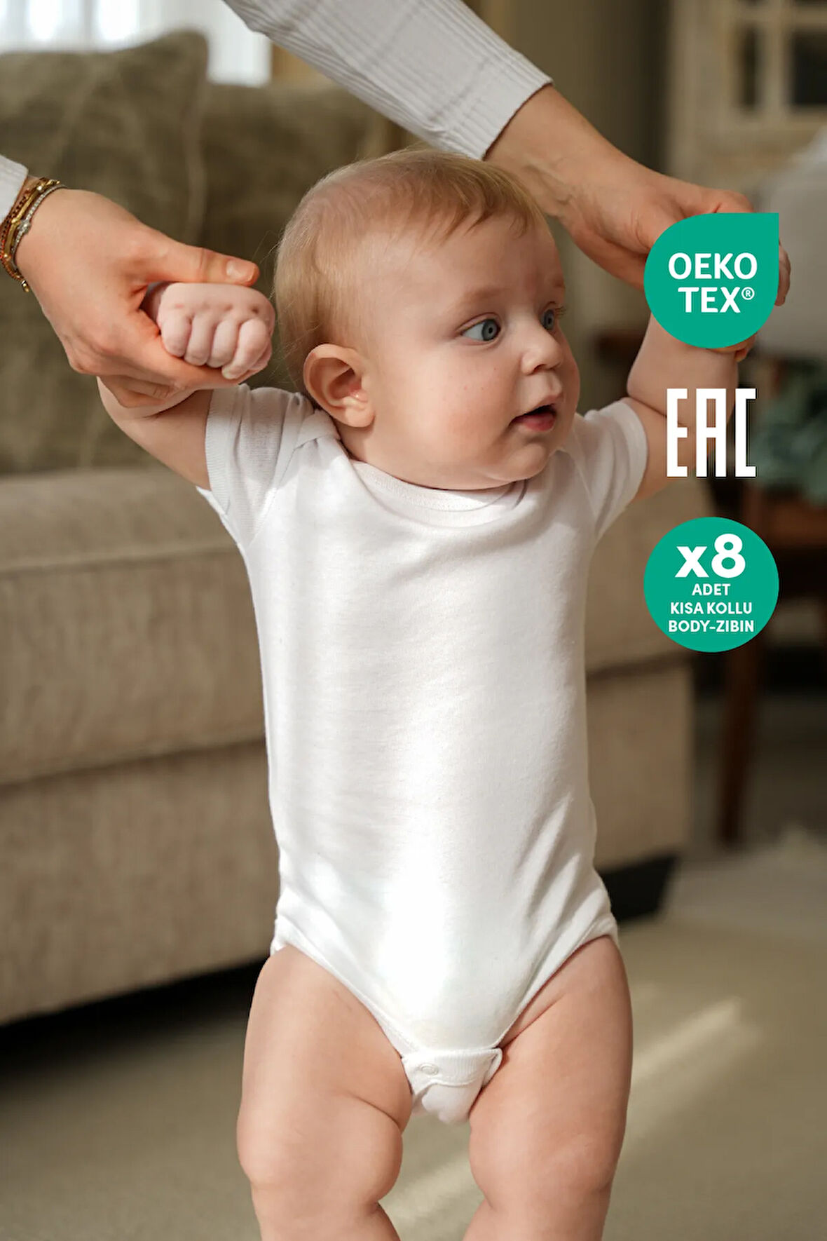 %100 Pamuk 8'li Bebek Body - Kısa Kollu ve Çıtçıtlı Beyaz Zıbın