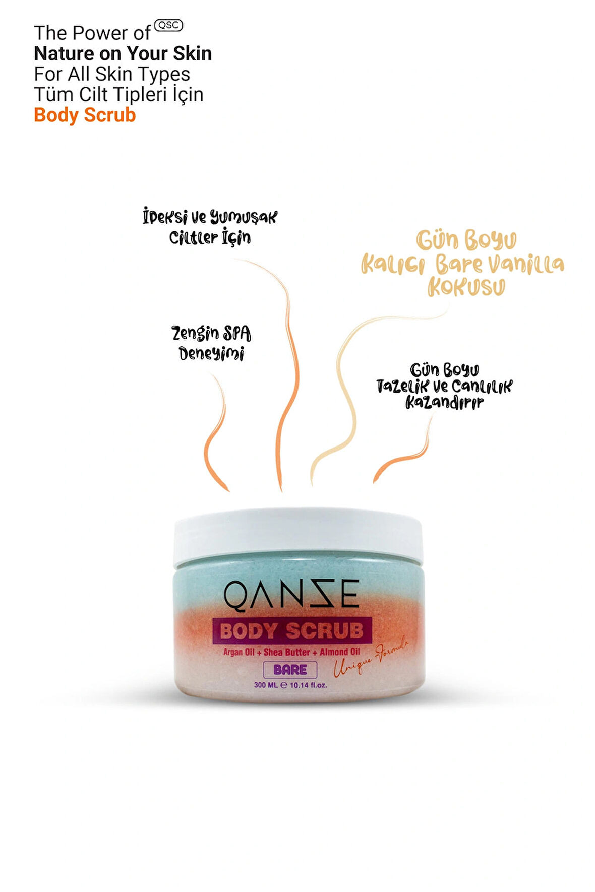 Qanze Bare Body Scrub – Yoğun Temizleme Ve Büyüleyici Vanilya Kokulu Vücut Peelingi – VS Bare Vanilla 300 ml