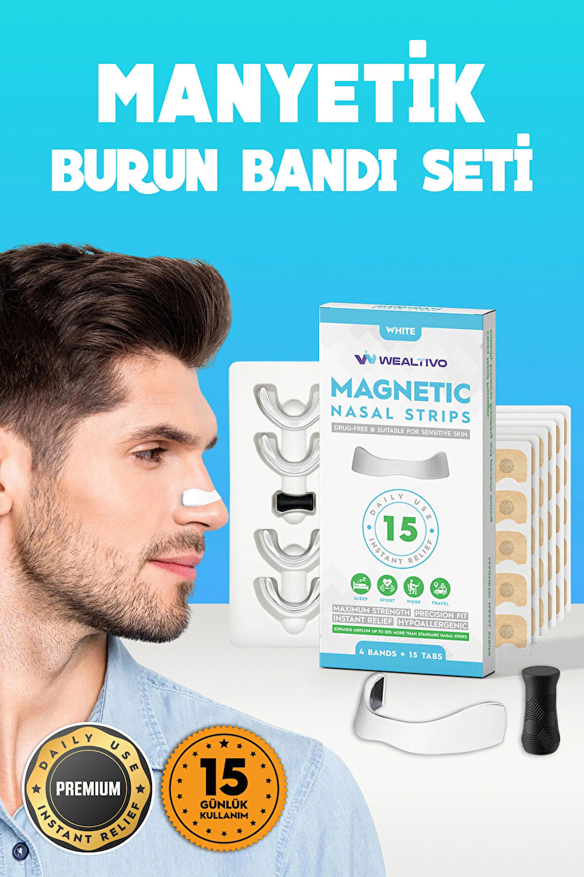 Premium Mıknatıslı Burun Bandı, 15'li Beyaz Horlama Önleyici Ve Burun Aparatı