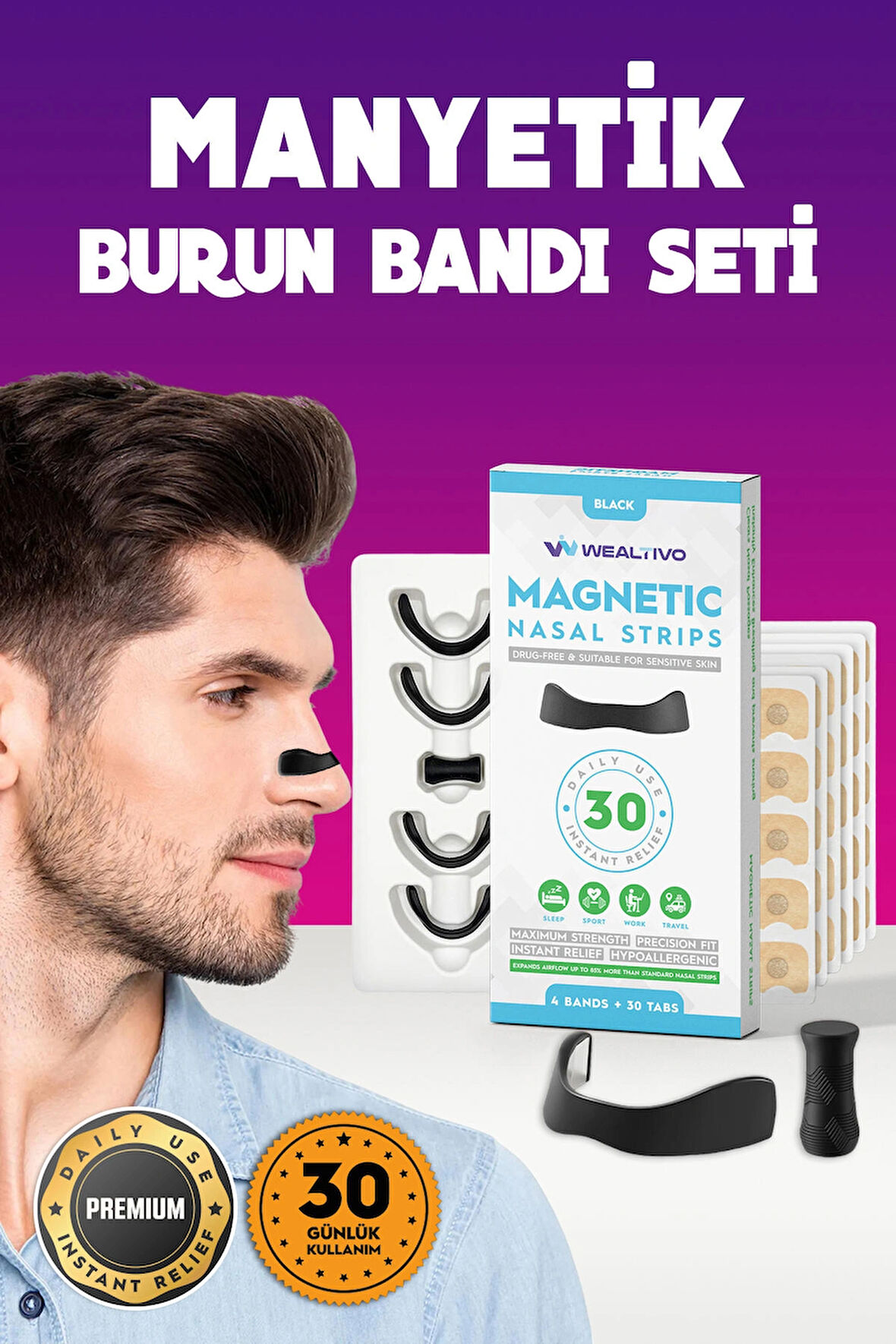 30'lu Mıknatıslı Siyah Burun Bandı, Premium, Estetik, Burun Dilatörü