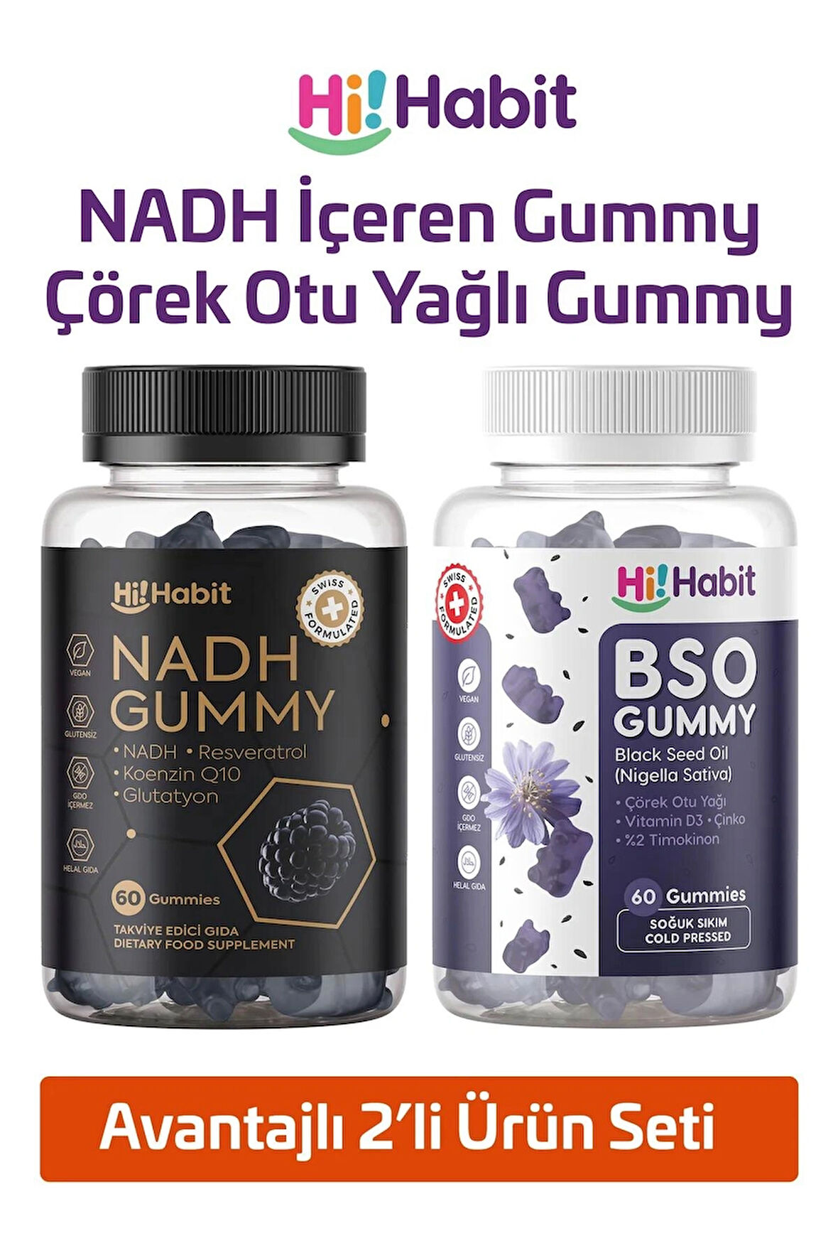 Hi Habit Nadh ve Çörek Otu Yağı İçeren Gummy – Q10, B12, D3 ve Çinko Takviyeli Vegan Gummies (2 x 60 Adet)