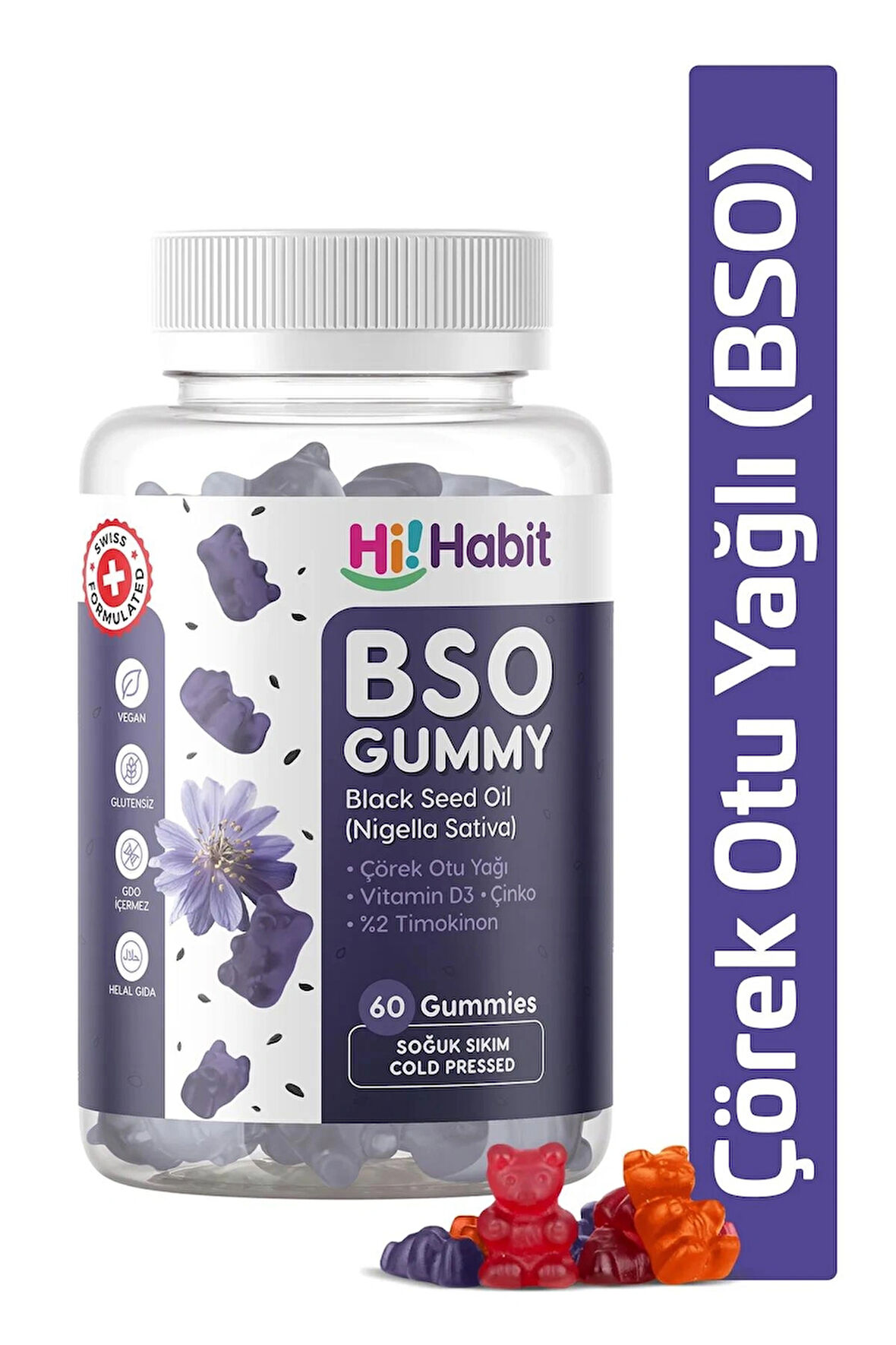 Hi Habit Çörek Otu Yağı İçeren Vegan Gummy – Soğuk Sıkım D3 ve Çinko Takviyeli (60 Adet)