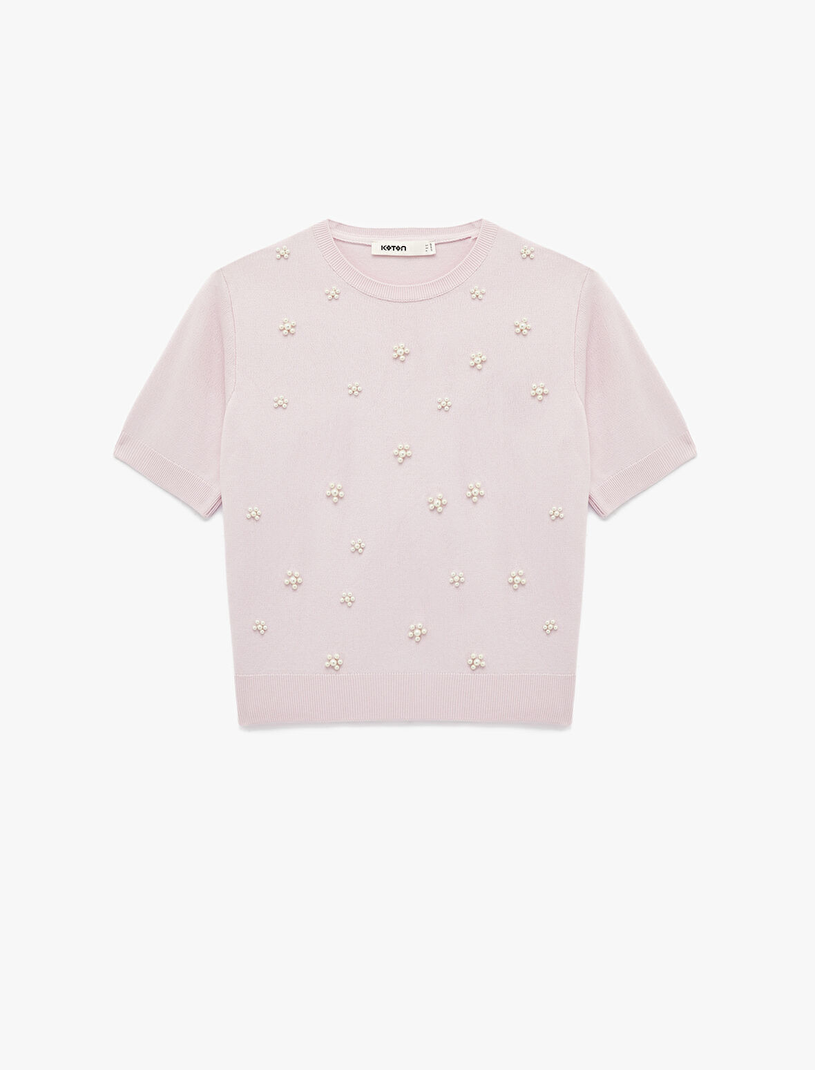 İnci Detaylı Çiçekli Kısa Kollu Bisiklet Yaka Triko Kazak