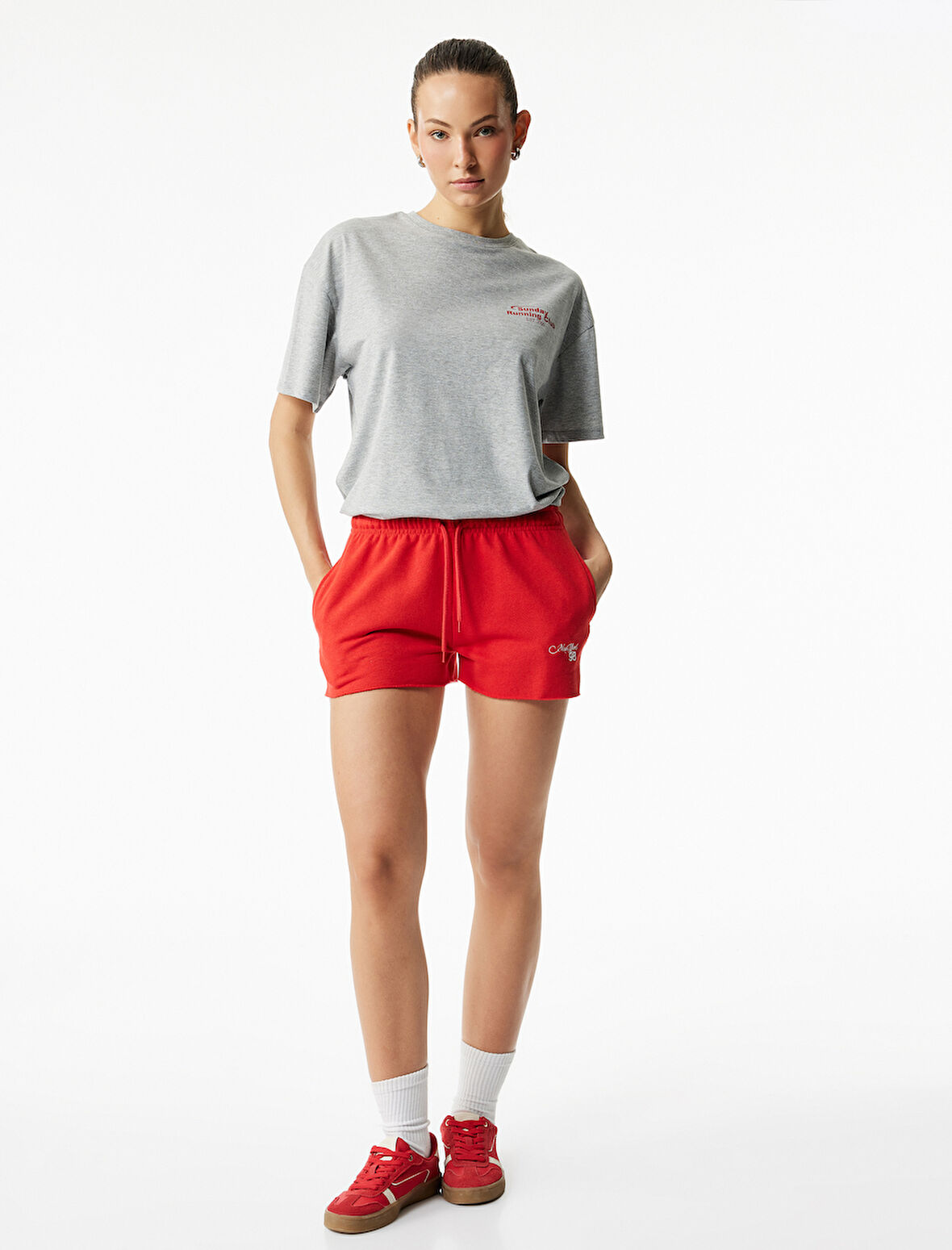 Oversize Kısa Kollu Bisiklet Yaka Baskılı Spor Tişört