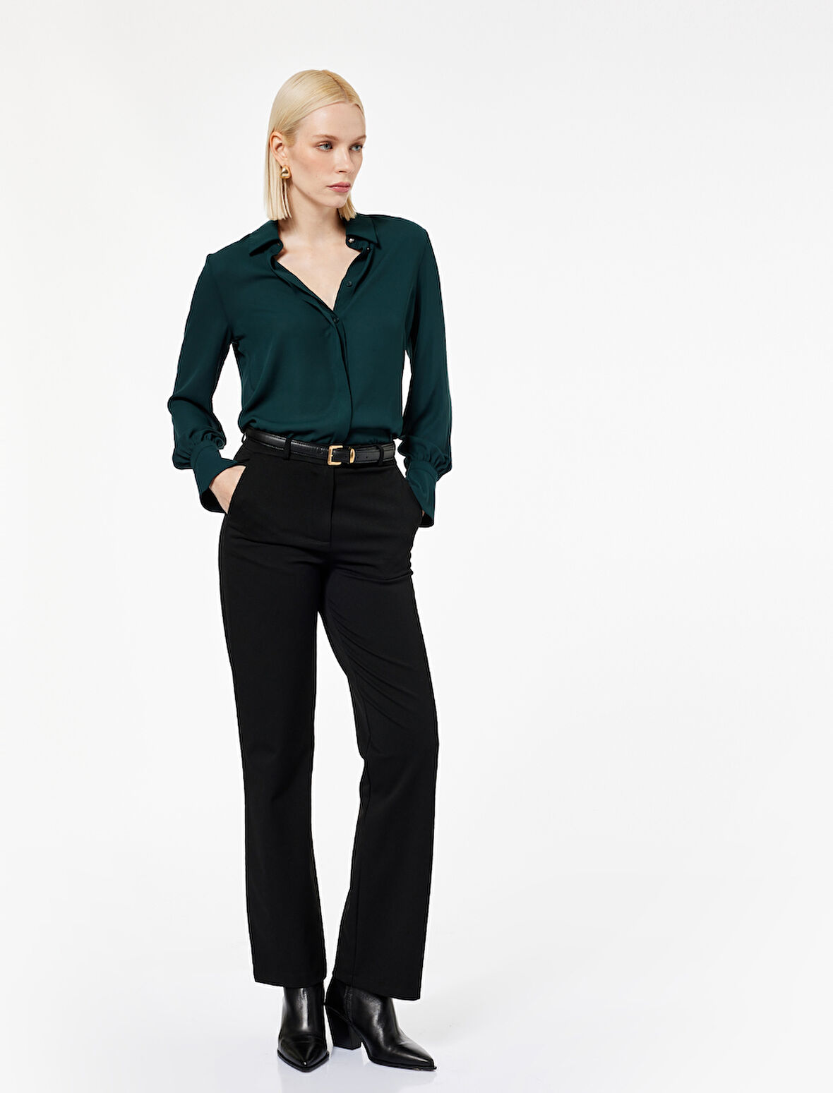 Klasik Yaka Düğmeli Uzun Kollu Krep Gömlek