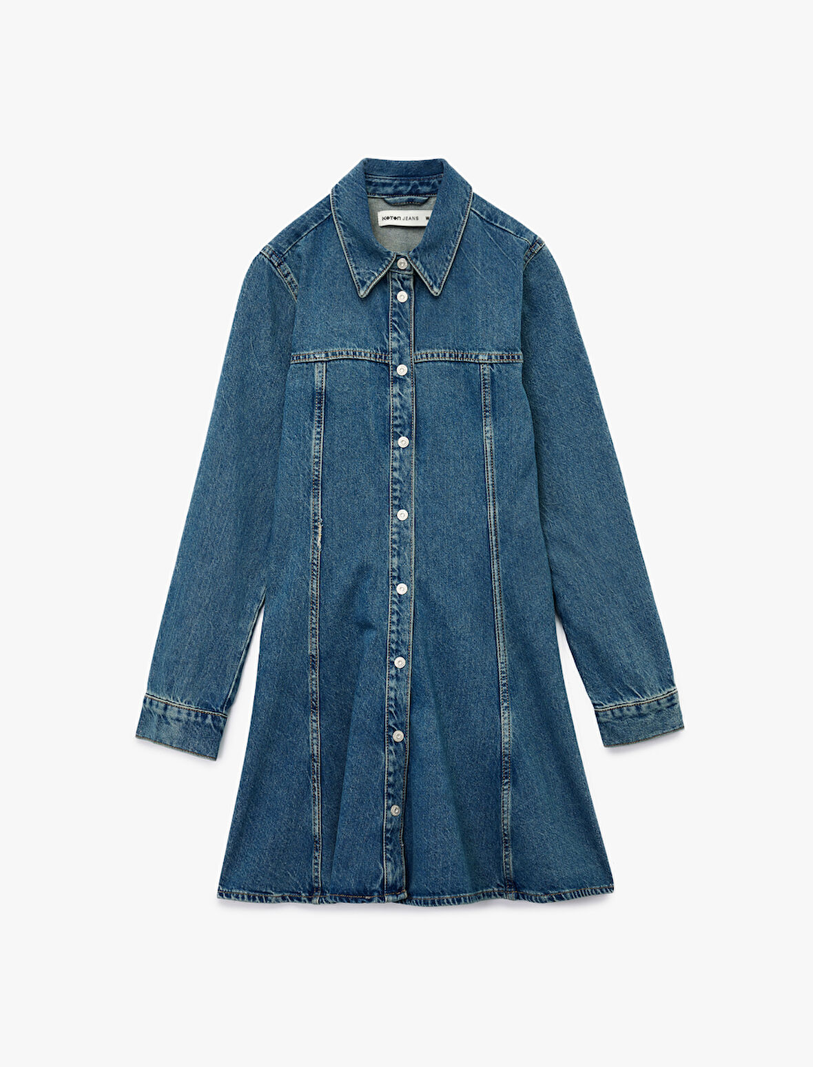 Pamuklu Uzun Kollu Klasik Yaka Düğmeli Volanlı Mini Denim Elbise