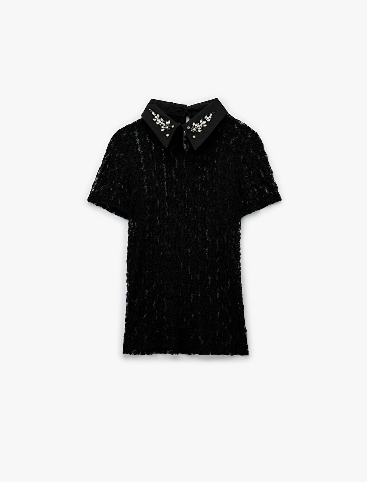 Transparan Gömlek Yaka Taş Detaylı Kısa Kollu Dantelli Bluz