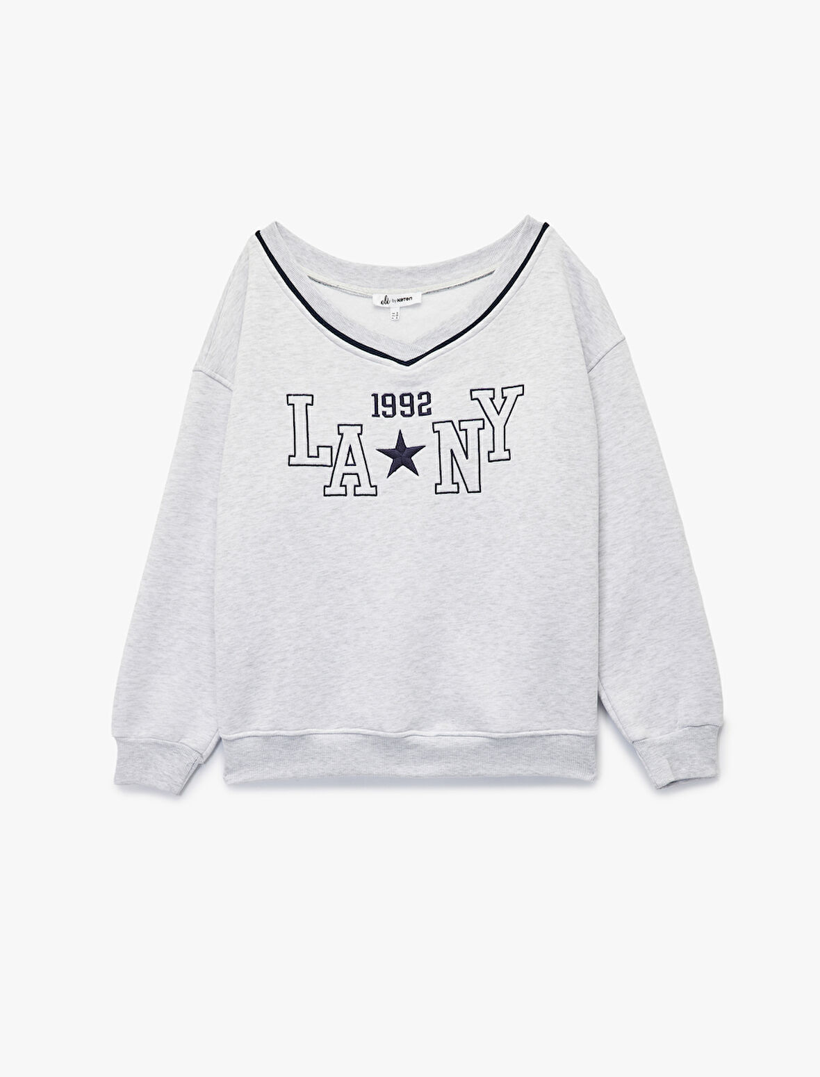 Uzun Kollu V Yaka Biyeli Nakışlı Oversize Sweatshirt
