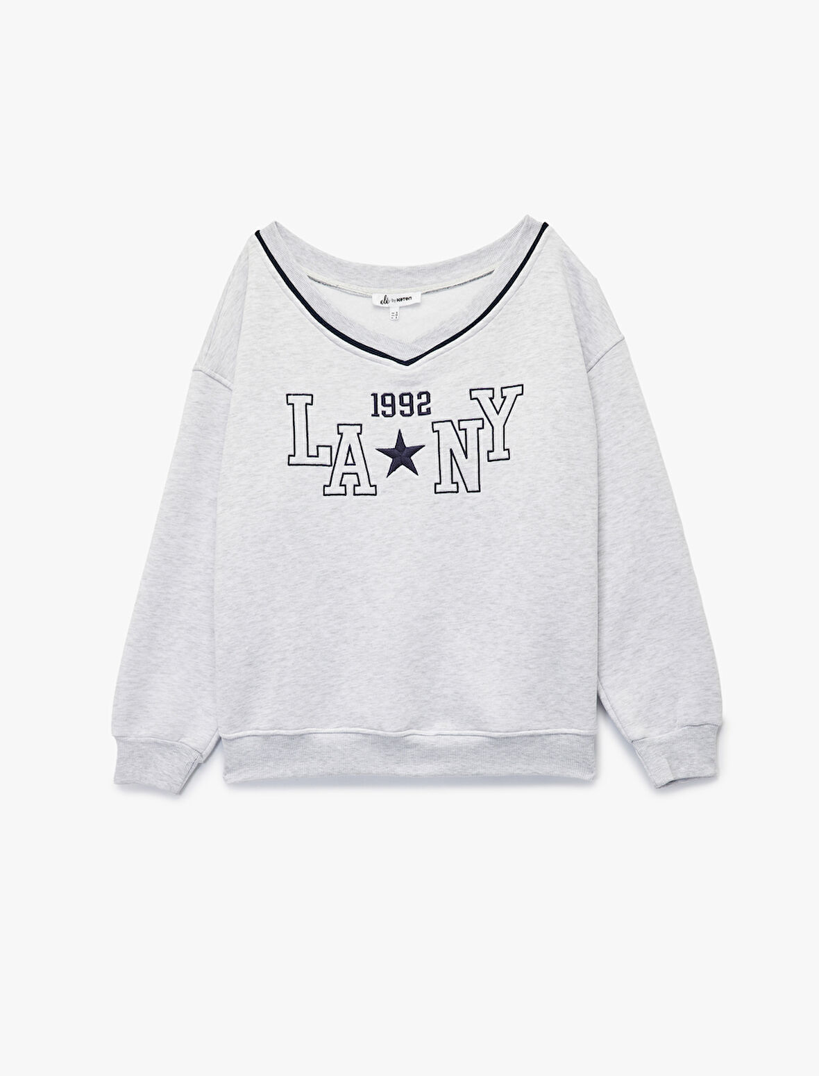 Uzun Kollu V Yaka Biyeli Nakışlı Oversize Sweatshirt