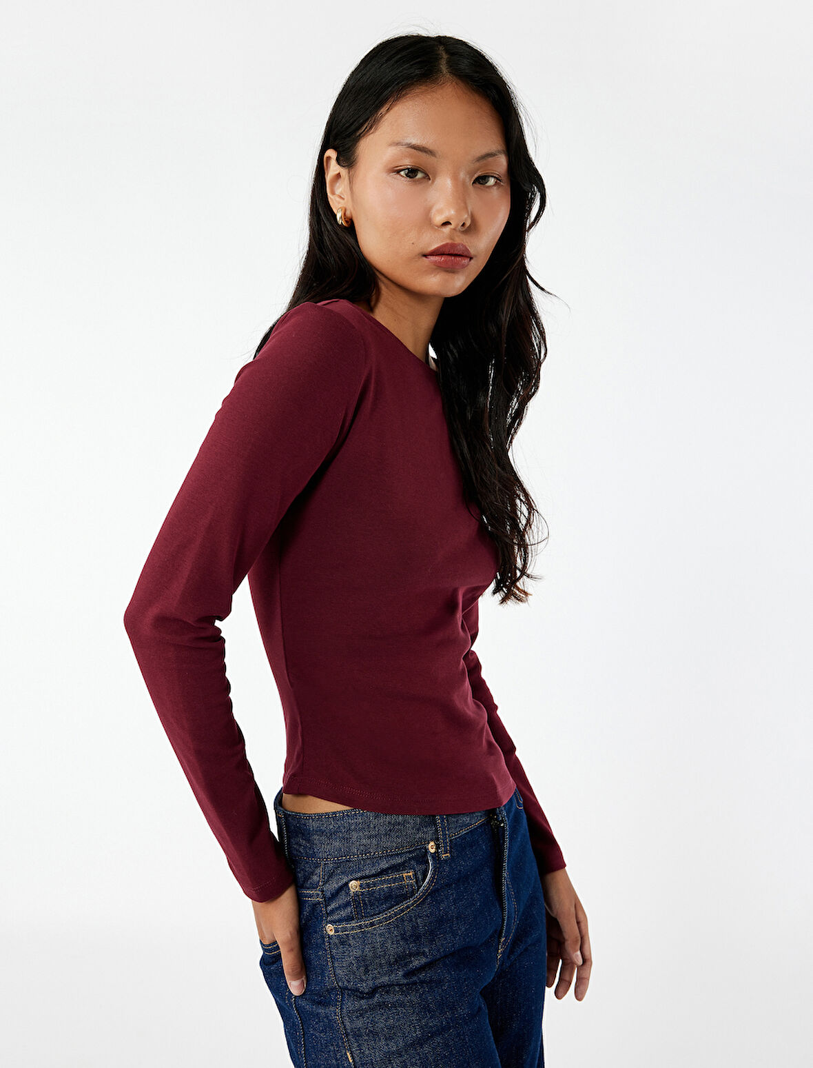 Asimetrik Kayık Yaka Kolsuz Slim Fit Uzun Kollu Tişört