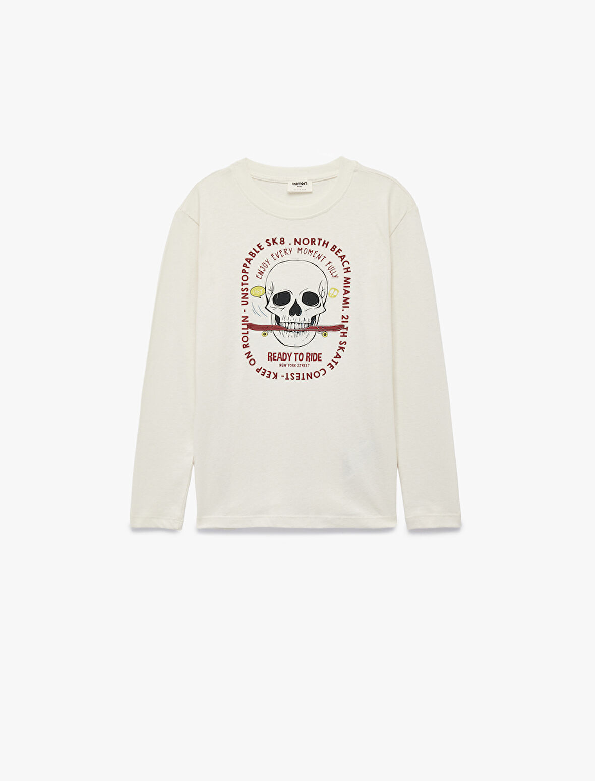 Pamuklu Uzun Kollu Bisiklet Yaka Kurukafa Baskılı Tişört