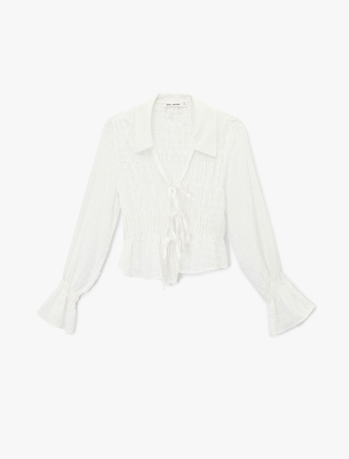 Fiyonklu Bağlama Detaylı Uzun Balon Kollu Gömlek Yaka Ekoseli Bluz