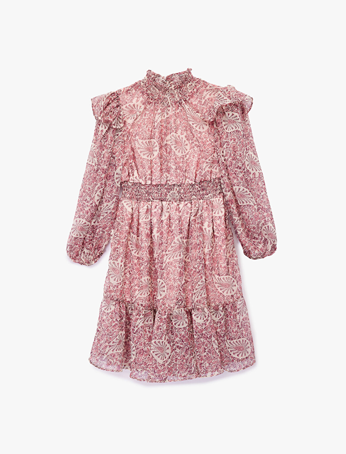 Uzun Kollu Dik Yaka Fırfır Detaylı Desenli Şifon Elbise