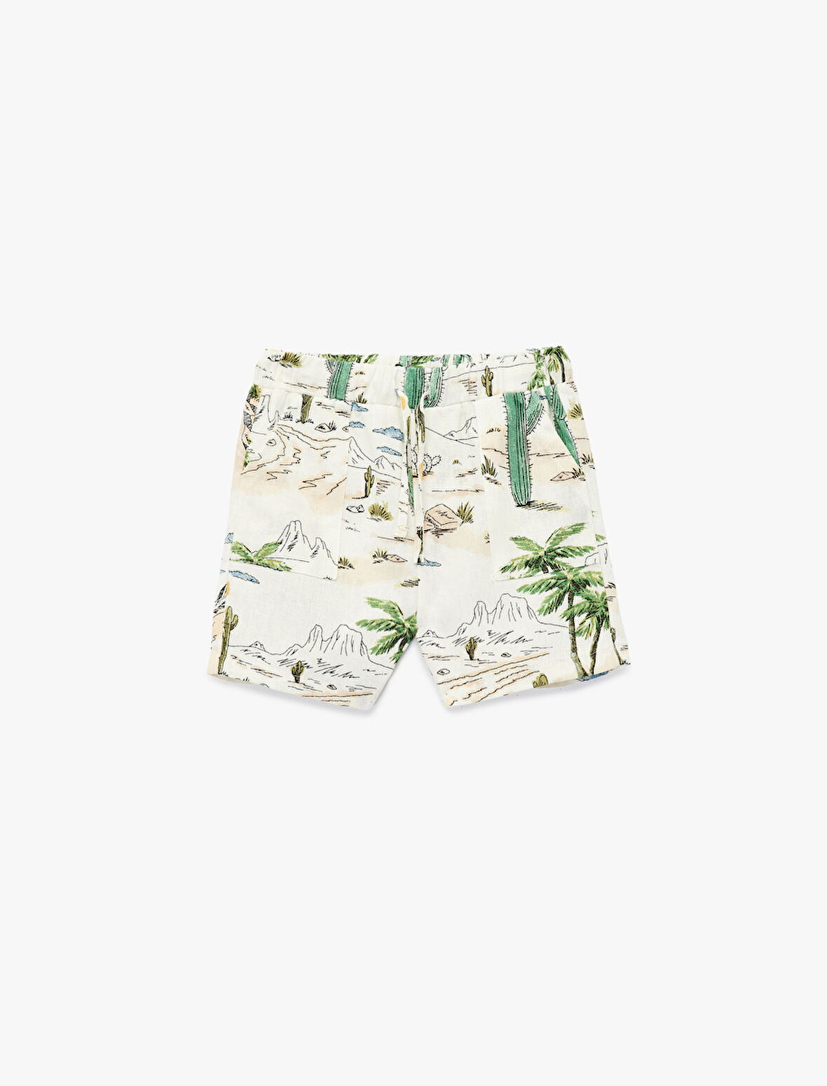 Beli Bağcıklı Viskon ve Keten Karışımlı Baskılı Şort