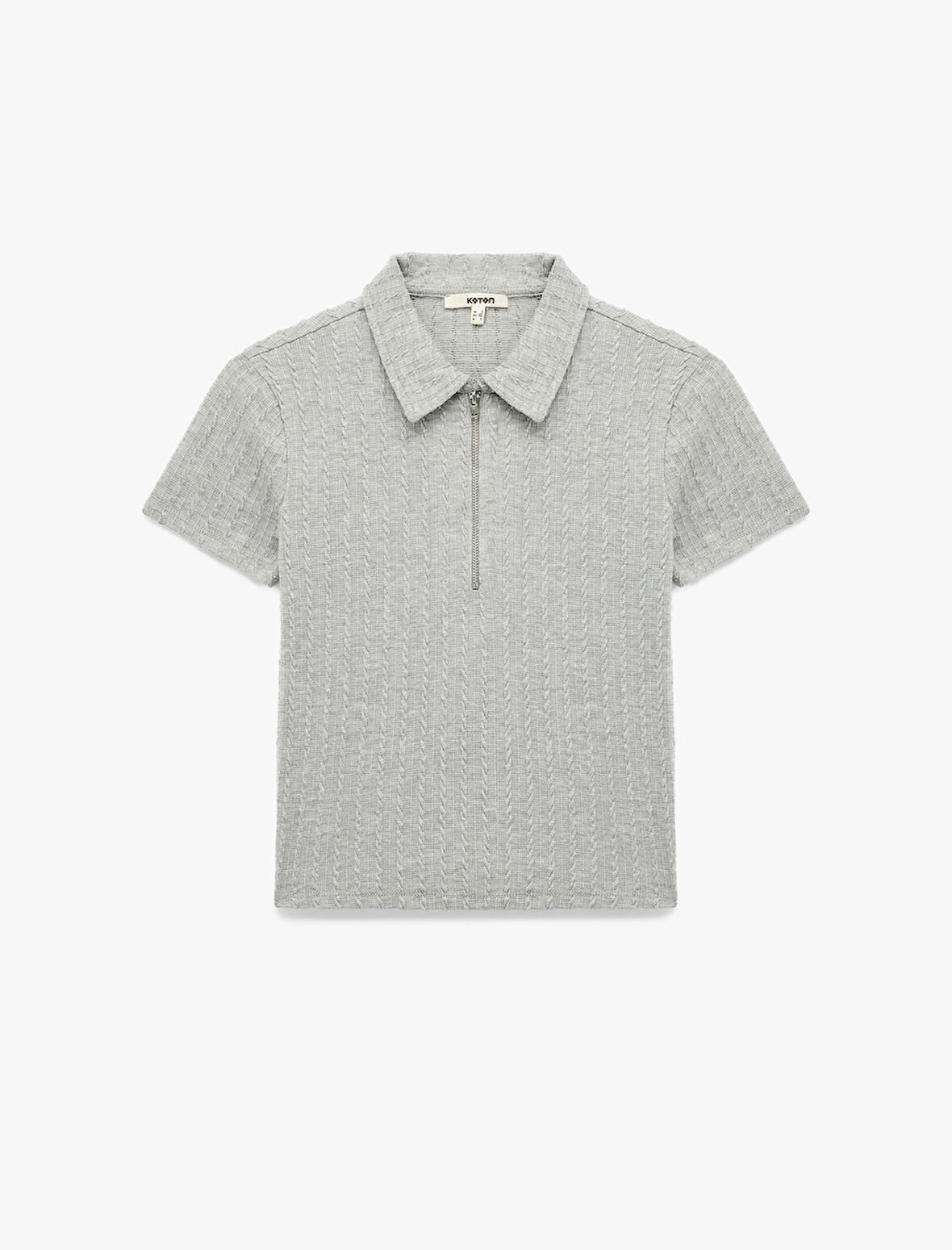 Slim Fit Saç Örgü Dokulu Kısa Kollu Fermuarlı Polo Yaka Tişört