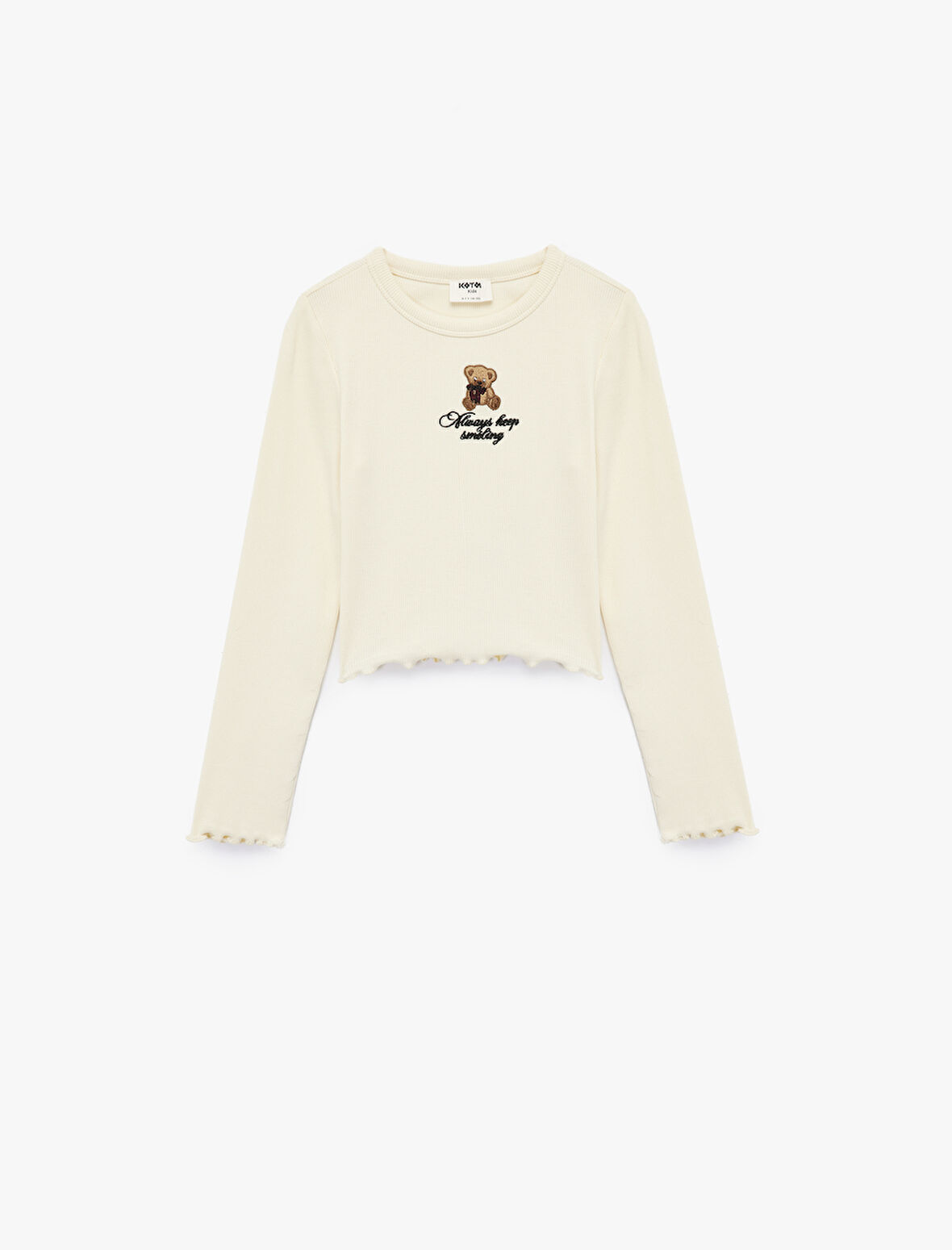 Uzun Kollu Bisiklet Yaka Ayıcık Nakışlı Pamuklu Tişört