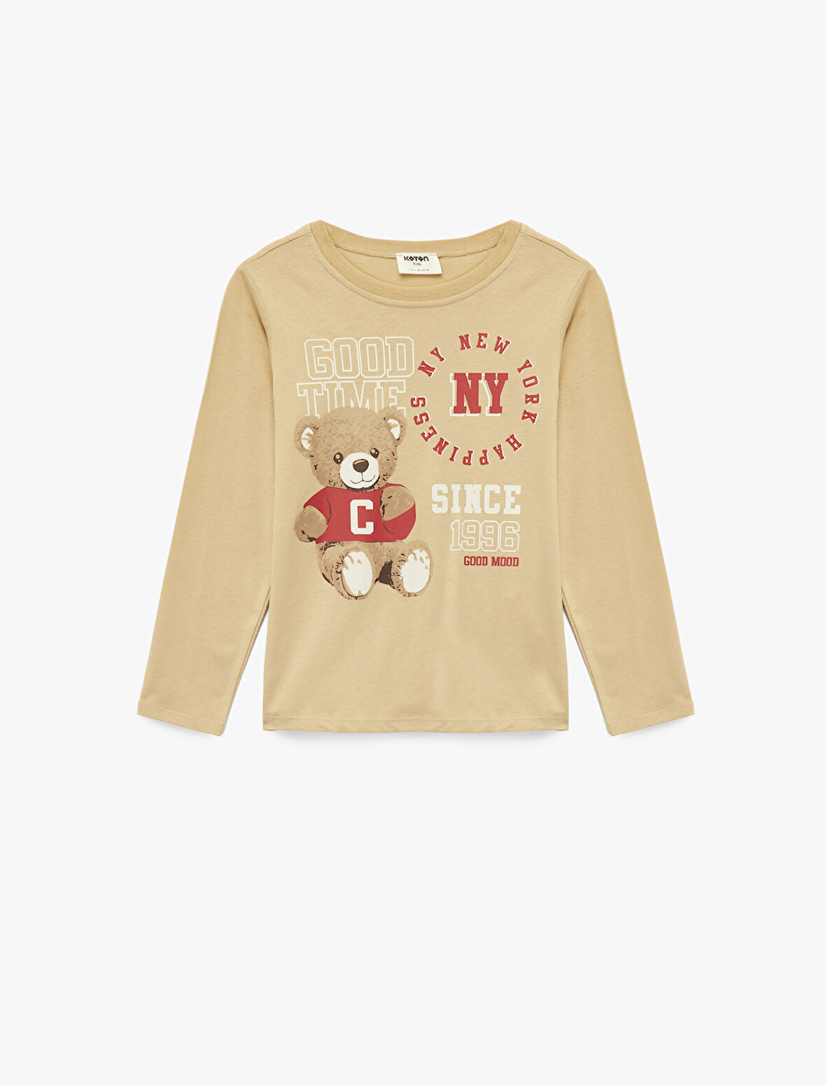 Ayıcık Baskılı Uzun Kollu Bisiklet Yaka Pamuklu Tişört