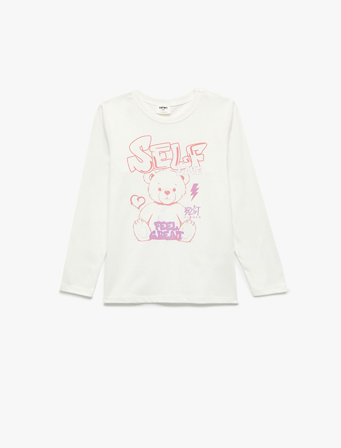 Uzun Kollu Bisiklet Yaka Ayıcık Baskılı Pamuklu Tişört