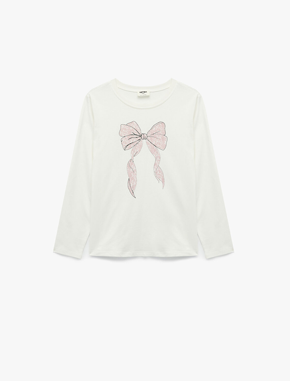 Pamuklu Uzun Kollu Bisiklet Yaka Simli Fiyonk Baskılı Tişört