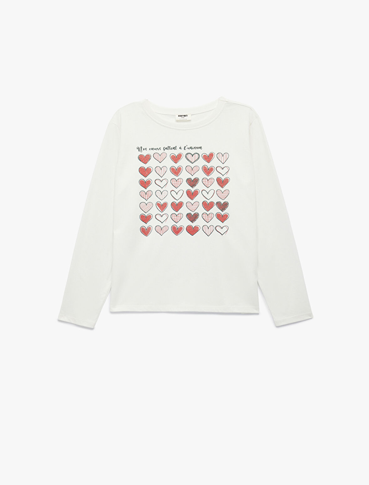 Uzun Kollu Pamuklu Bisiklet Yaka Simli Kalp Baskılı Tişört