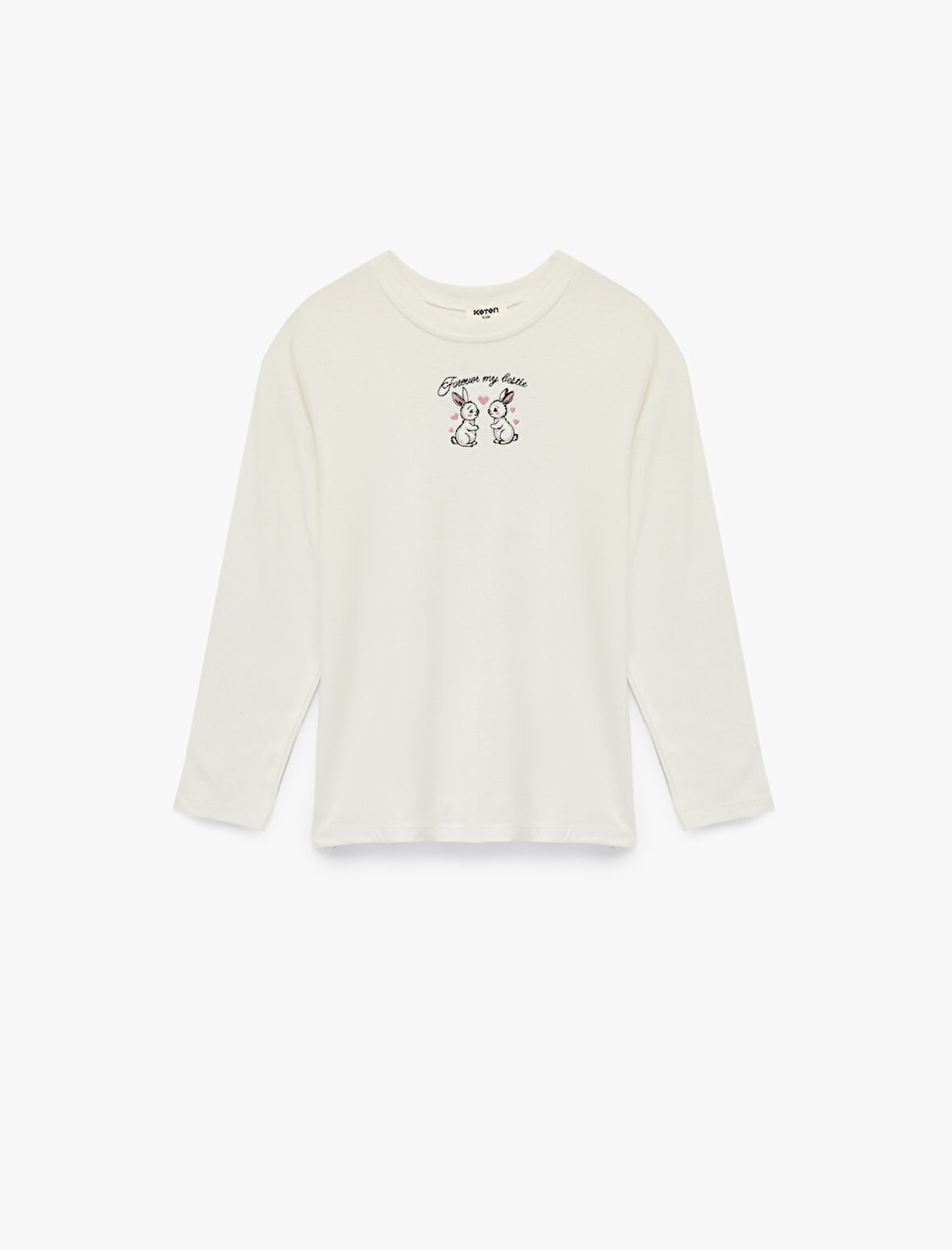 xUzun Kollu Bisiklet Yaka Tavşan Nakışlı Pamuklu Tişört