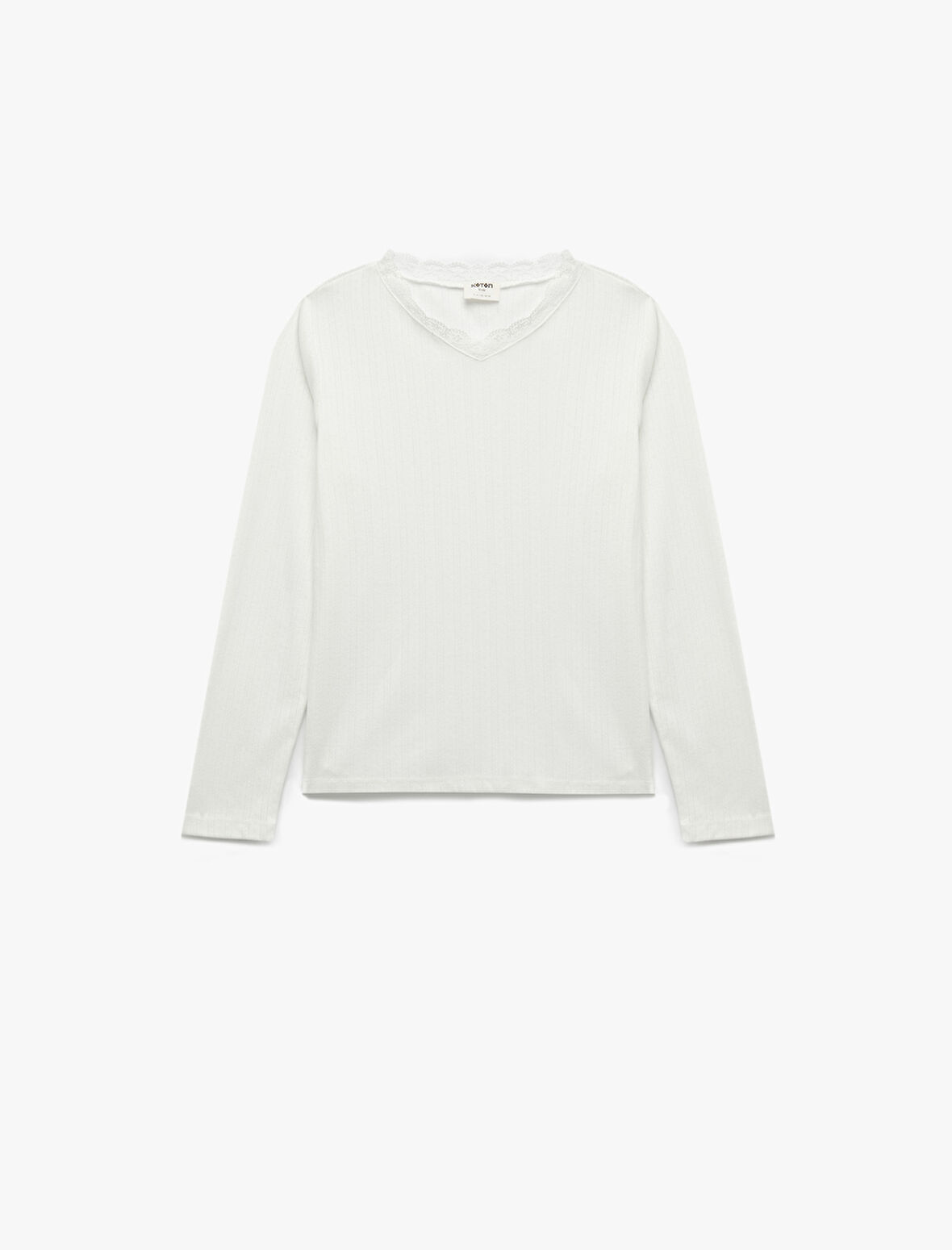 Dantel Yaka Detaylı Uzun Kollu V Yaka Tişört