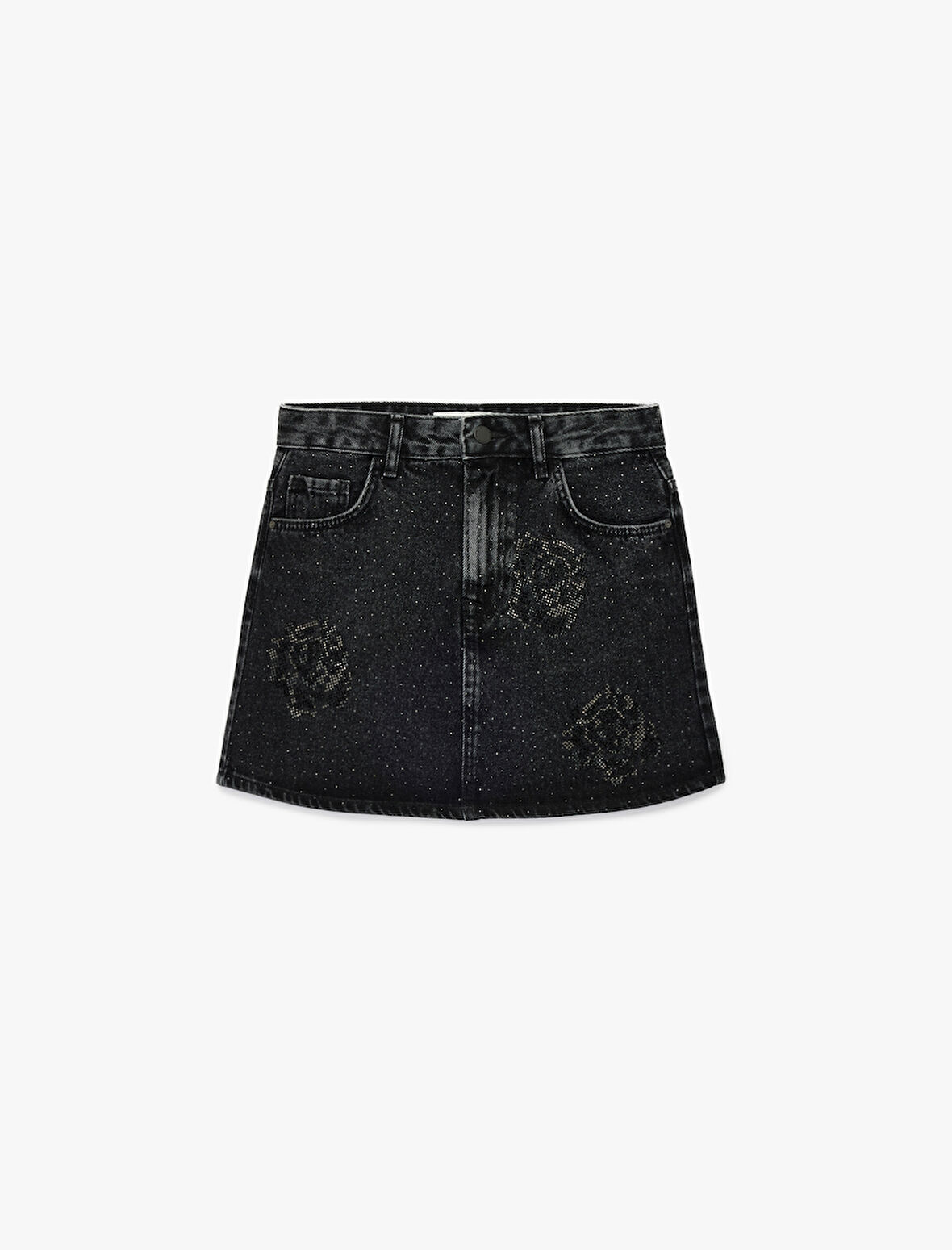 Taş Detaylı Cepli Pamuklu Mini Denim Etek