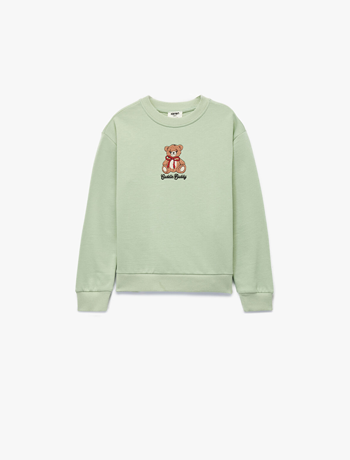 Uzun Kollu Bisiklet Yaka Ayıcık Nakışlı Pamuklu Sweatshirt