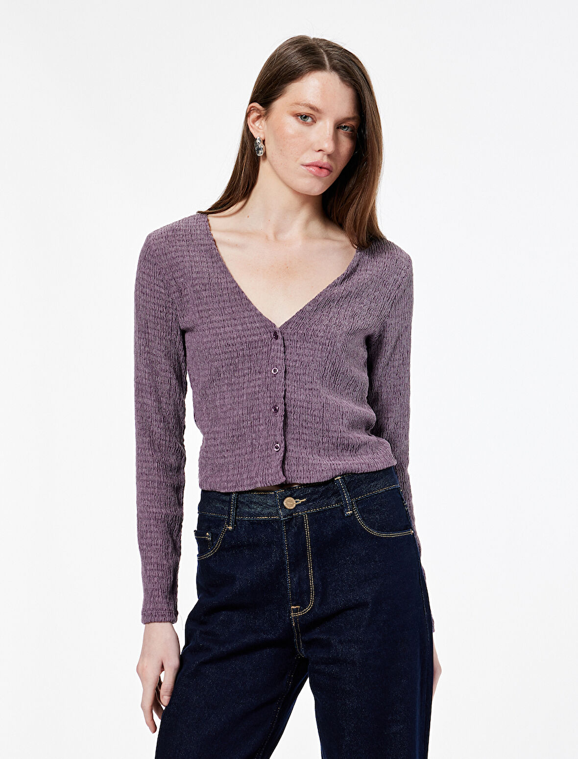 Bürümcük Kumaş Slim Fit Uzun Kollu V Yaka Düğmeli Bluz