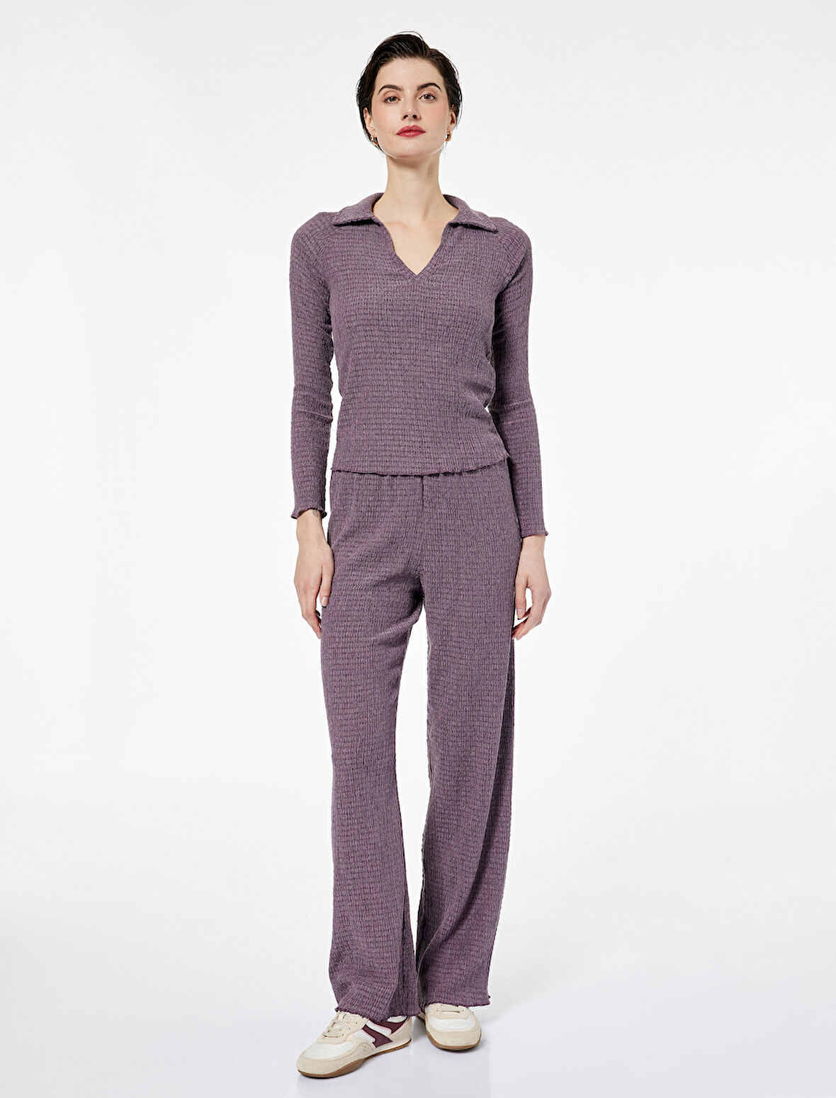 Bürümcük Kumaş Slim Fit Uzun Kollu Polo V Yaka Tişört