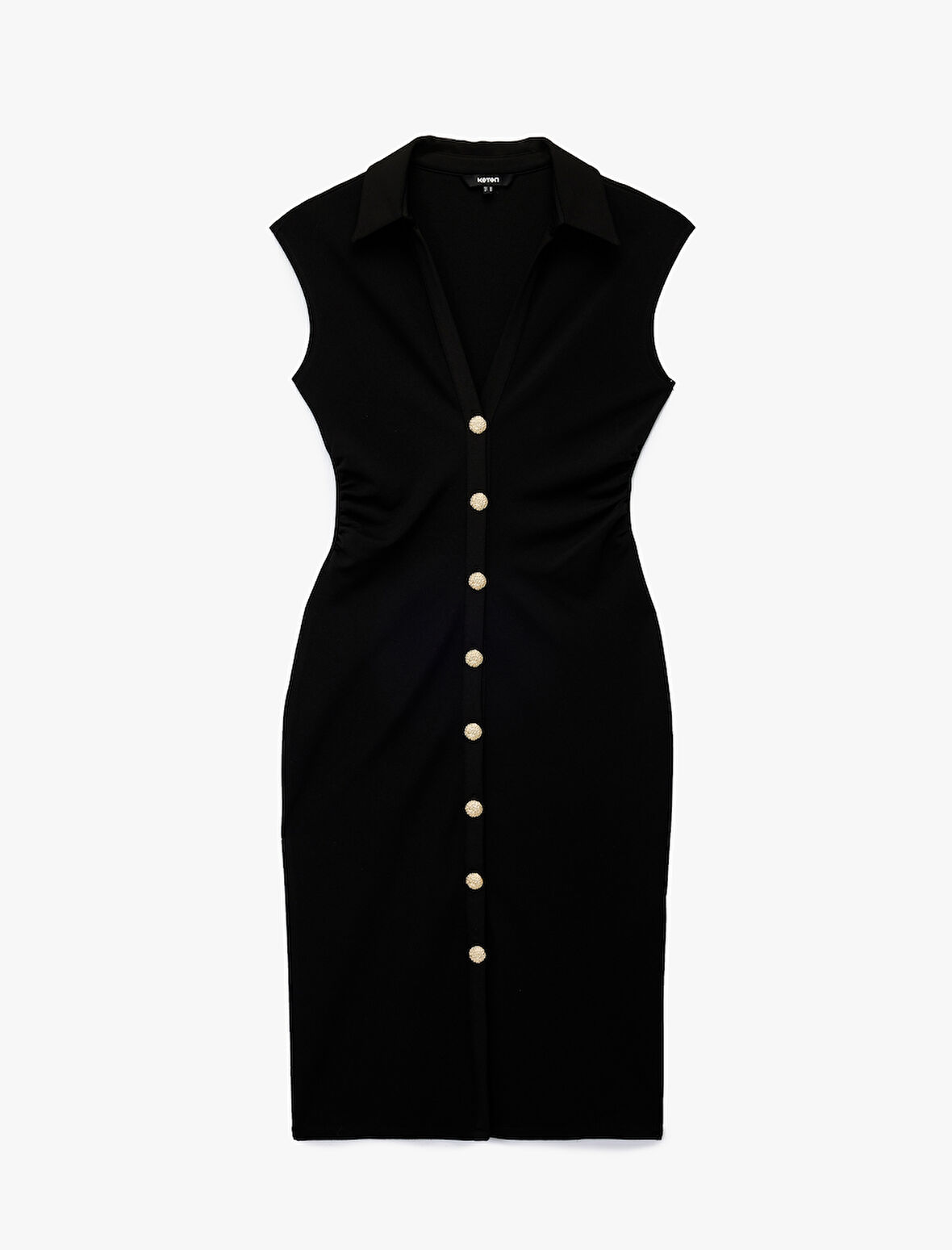 Drapeli V Yaka Midi Boy Düğmeli Kolsuz Gömlek Elbise