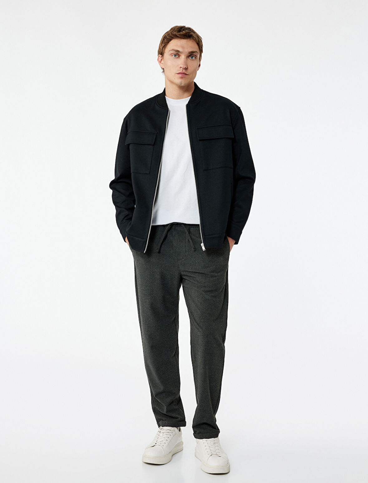 Viskon Karışımlı Cep Detaylı Dokulu Beli Bağcıklı Pantolon