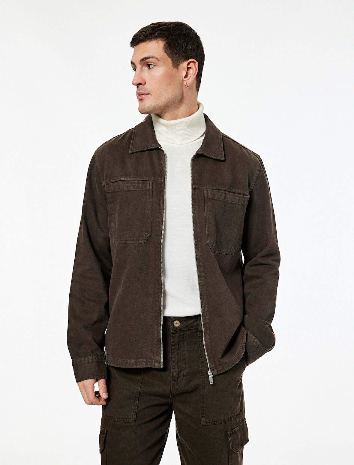 Regular Fit Klasik Yaka Cepli Pamuklu Fermuarlı Gömlek Ceket