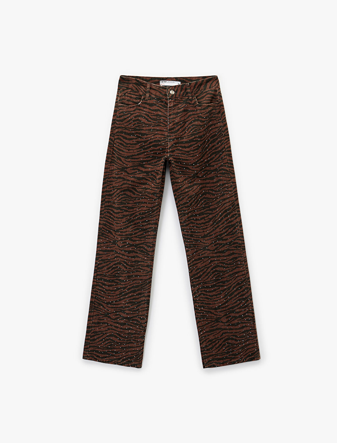 Pamuklu Taş Detaylı Düğmeli Cepli Leopar Desenli Jean Pantolon - Longer Straight Jean