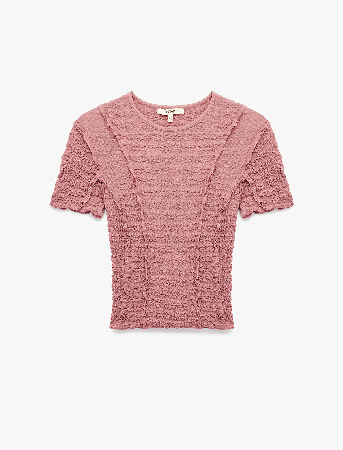 Slim Fit Kısa Kollu Bisiklet Yaka Dokulu Fırfırlı Tişört